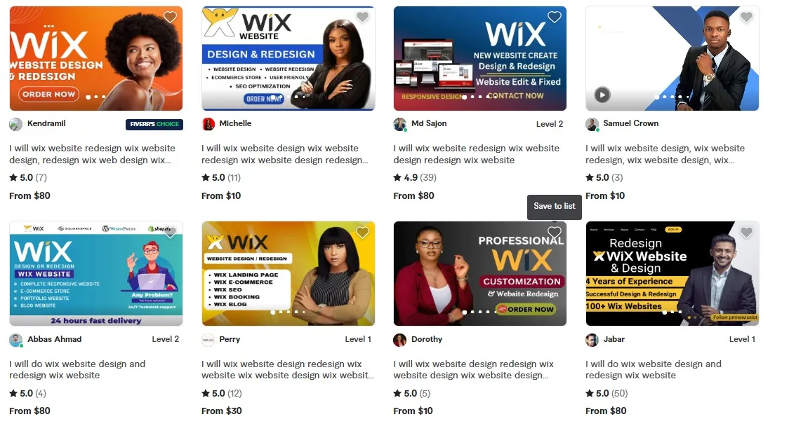 Grid of Fiverr Wix design gigs with seller ratings and starting prices ranging from 10 to 80 dollars