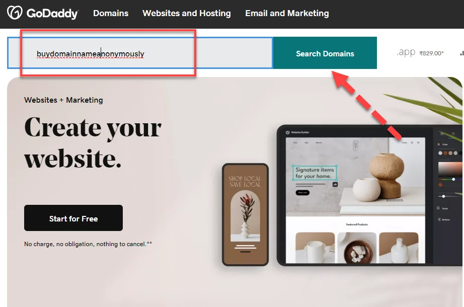 GoDaddy homepage with a domain name typed into the search field and a red arrow pointing to the Search Domains button