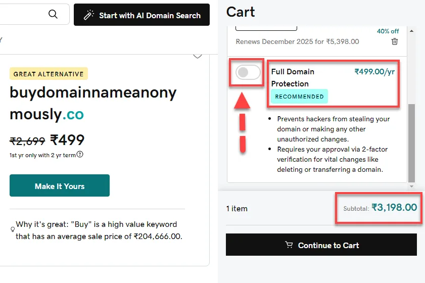 GoDaddy cart with the Full Domain Protection toggle switched off, outlined in red beside the subtotal