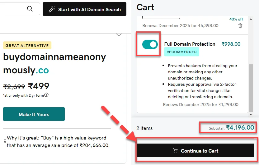 GoDaddy cart with Full Domain Protection enabled, the updated subtotal outlined and a red arrow pointing to Continue to Cart