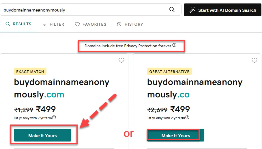 GoDaddy search results with the note that domains include free privacy protection forever outlined in red, above exact match and alternative domains