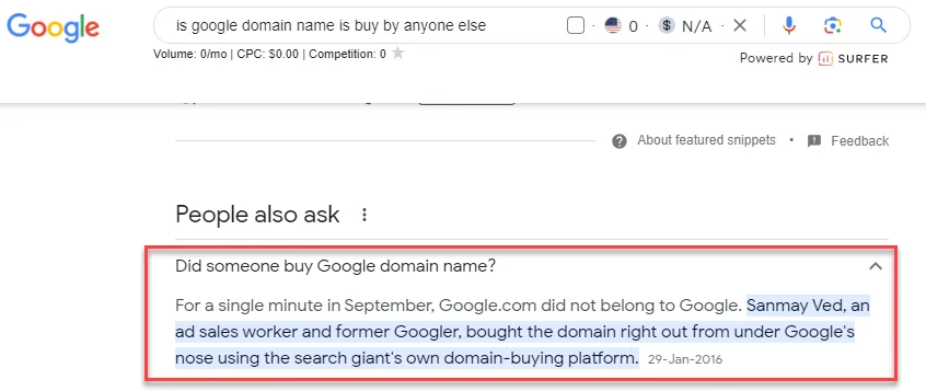 Google People Also Ask panel outlined in red, explaining that Google.com briefly did not belong to Google when a former employee bought it