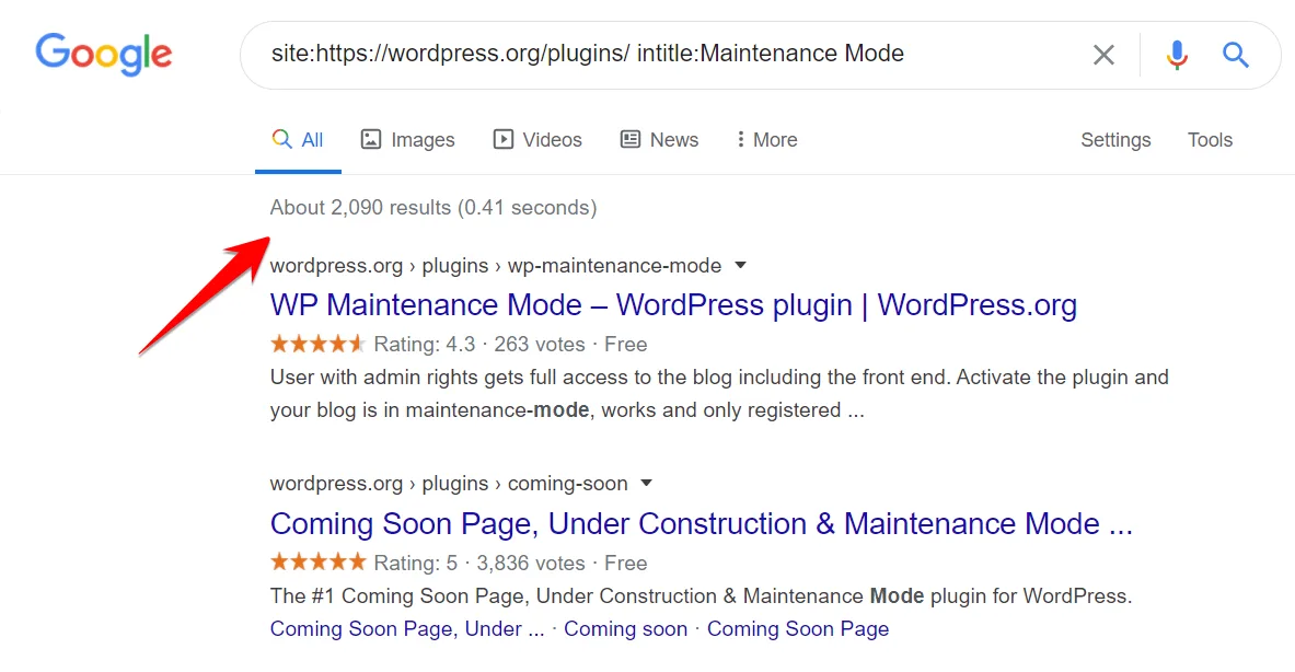 Google search of the WordPress plugin directory for maintenance mode returning about 2,090 results, with a red arrow pointing to the count