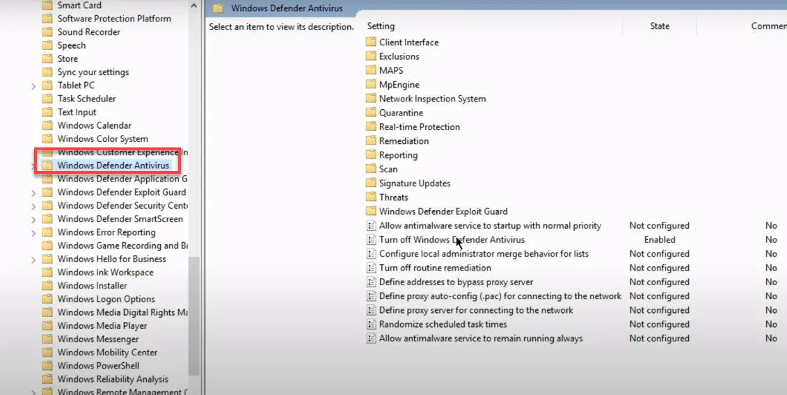 Local Group Policy Editor with the Windows Defender Antivirus folder outlined in red and its policy settings listed on the right