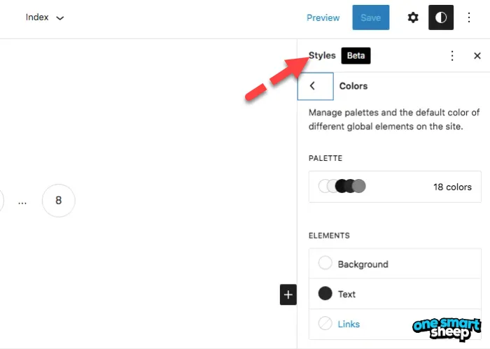 WordPress block editor Styles panel open on Colors, with a red arrow pointing to the Styles heading and Background, Text and Links elements listed