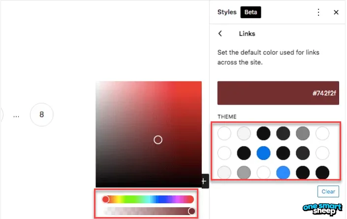 WordPress Styles Links panel with a colour picker set to hex 742f2f and the theme swatch grid outlined in red
