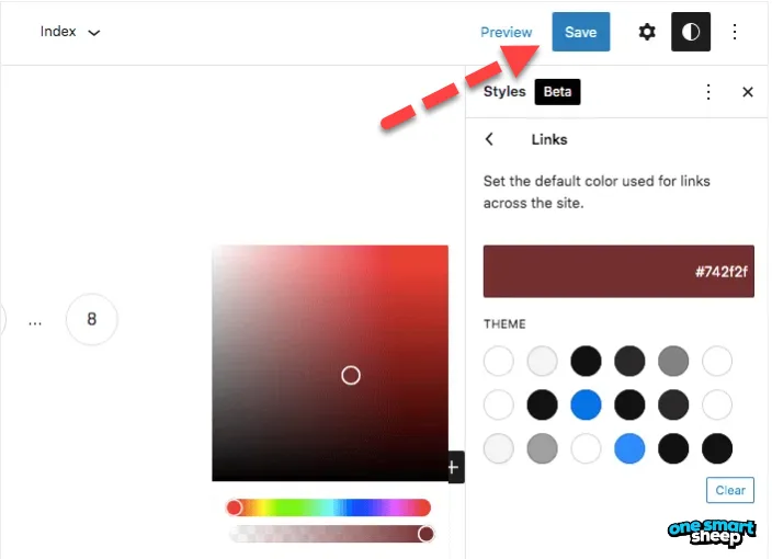 WordPress Styles Links panel with a red arrow pointing to the Save button in the editor toolbar