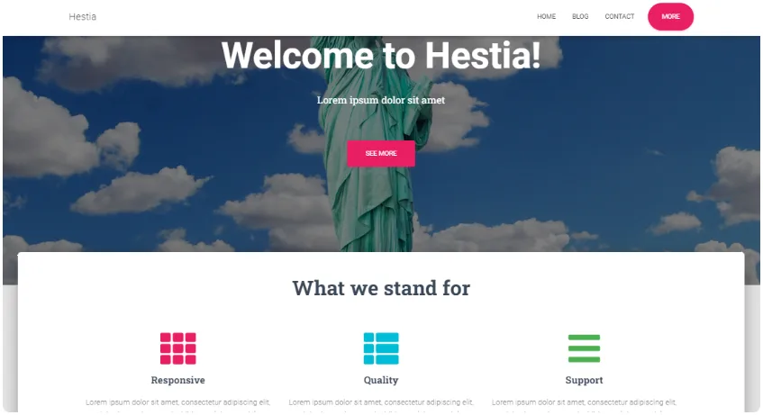 Hestia WordPress theme homepage preview headed Welcome to Hestia, with a What we stand for feature row below