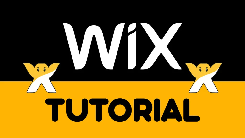 Wix logo in white on black above the word Tutorial on yellow, flanked by two Wix character logos