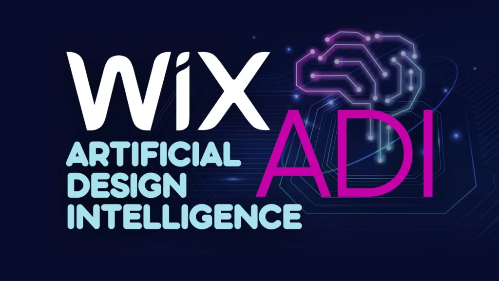 Wix Artificial Design Intelligence title card with a glowing circuit brain graphic and the letters ADI in pink