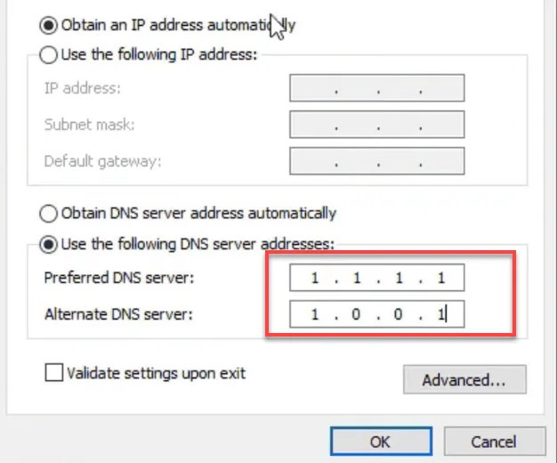 IPv4 properties with preferred DNS server 1.1.1.1 and alternate 1.0.0.1 entered, outlined in red