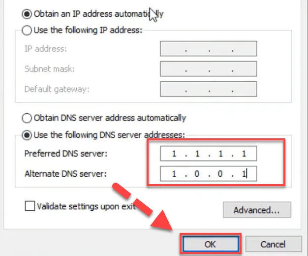 IPv4 properties showing the Cloudflare DNS addresses with a red arrow pointing to the OK button