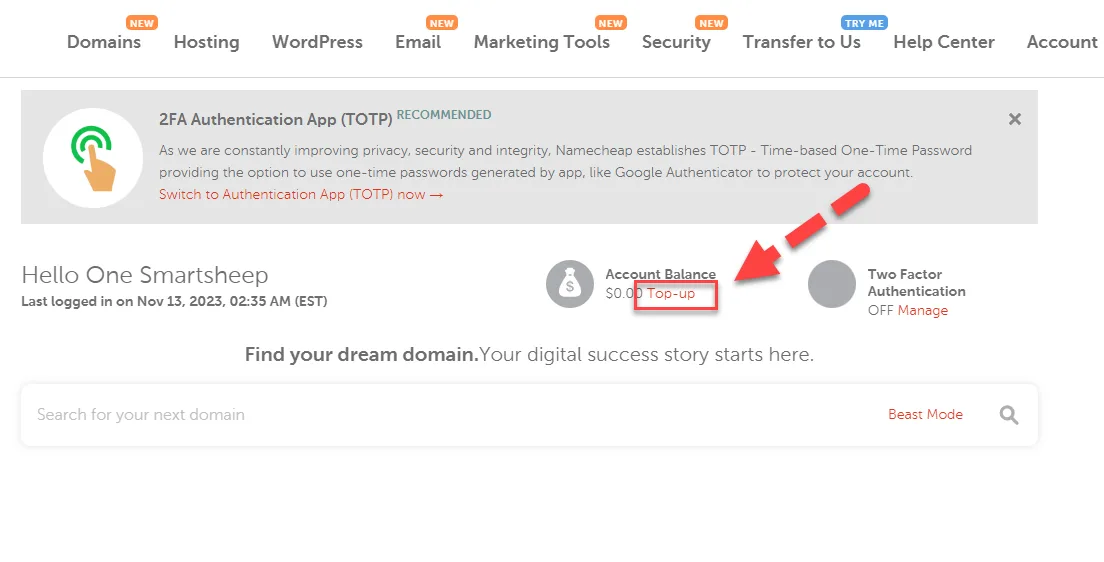 Namecheap dashboard with a red arrow pointing to the Top-up link beside a zero account balance
