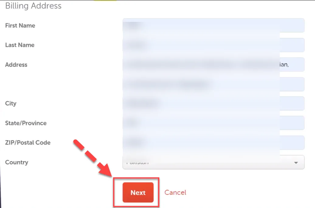 Namecheap billing address form with the fields blurred and a red arrow pointing to the Next button