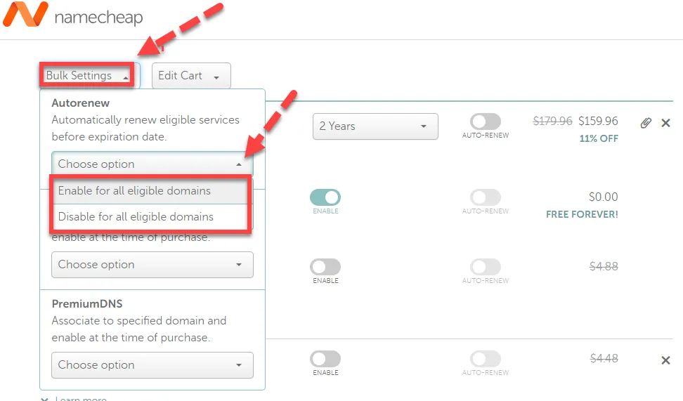 Namecheap Bulk Settings menu with red arrows pointing to the autorenew options to enable or disable for all eligible domains