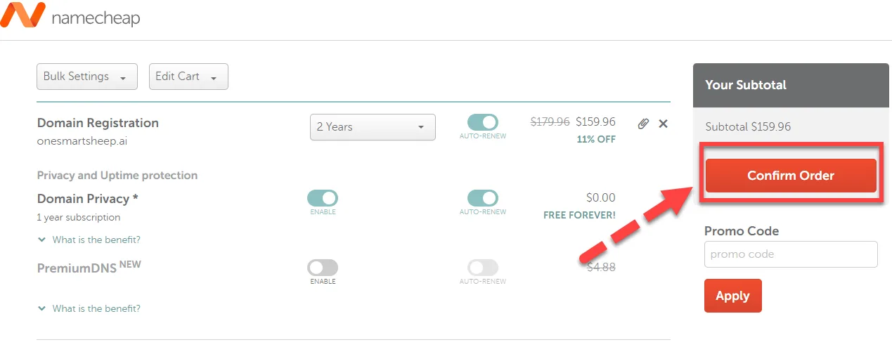 Namecheap cart with auto renew enabled and domain privacy free forever, with a red arrow pointing to the Confirm Order button