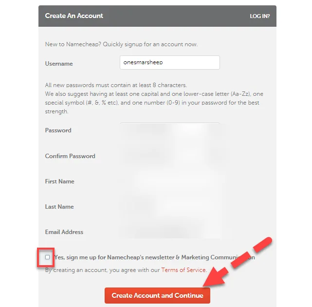 Namecheap Create An Account form with username entered and a red arrow pointing to the Create Account and Continue button