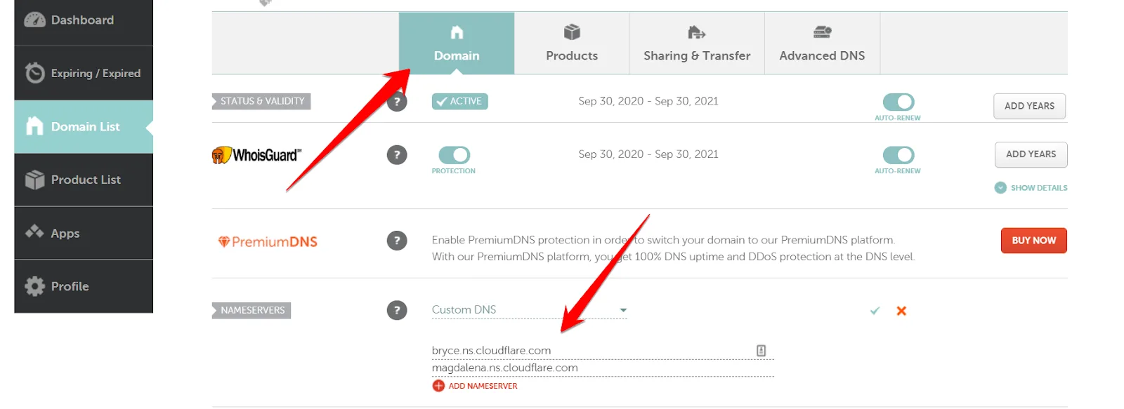 Namecheap domain settings with red arrows pointing to the Domain tab and the custom DNS fields holding two Cloudflare nameservers