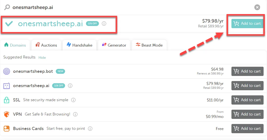 Namecheap search result showing a .ai domain available at 79.98 dollars a year with a red arrow pointing to Add to cart