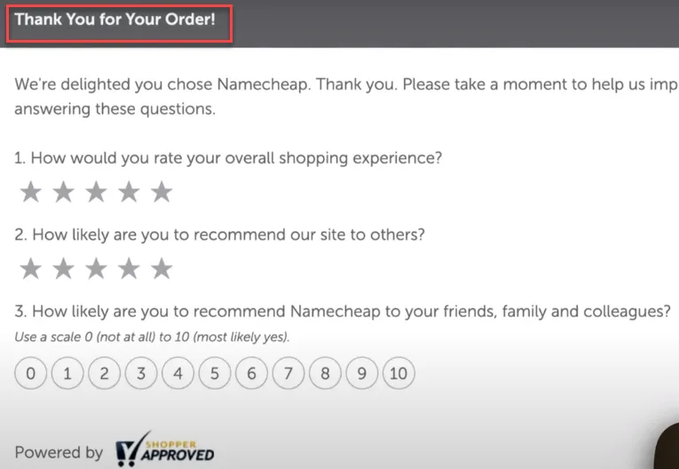 Namecheap Thank You for Your Order page with a short satisfaction survey, the heading outlined in red