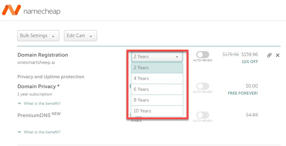 Namecheap cart with the registration period dropdown open showing 2, 4, 6, 8 and 10 year options, outlined in red