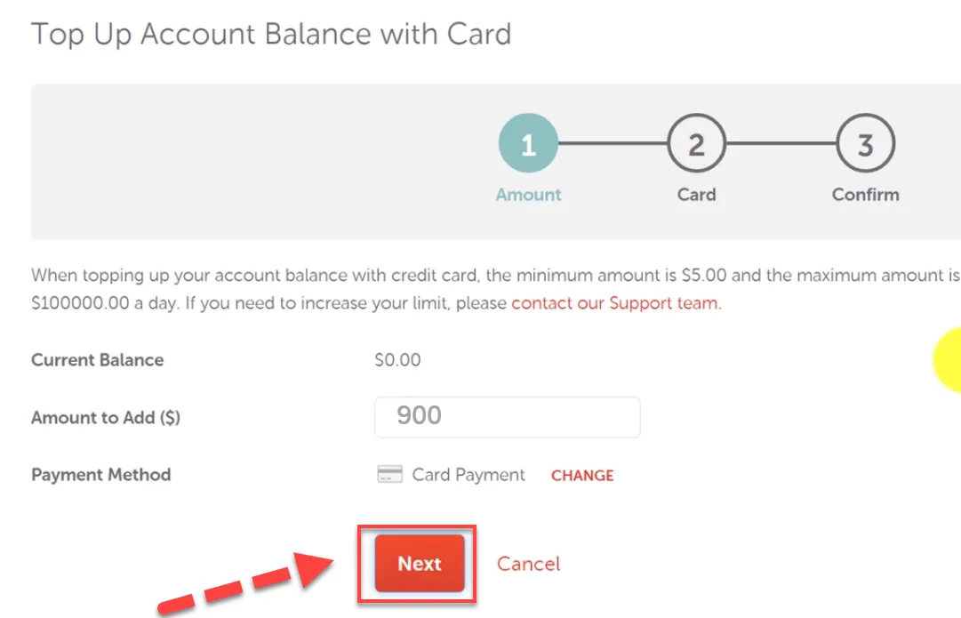 Namecheap Top Up Account Balance with Card step one, with 900 entered as the amount to add and a red arrow pointing to Next