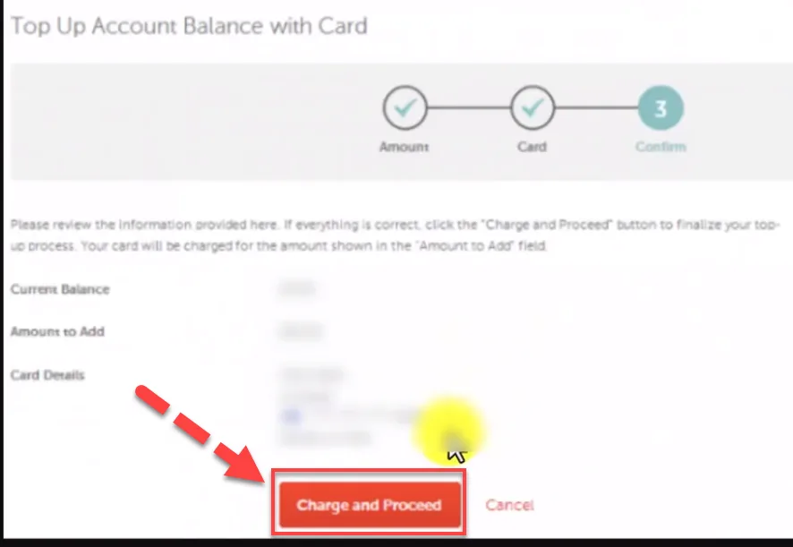 Namecheap top up confirmation step with a red arrow pointing to the Charge and Proceed button