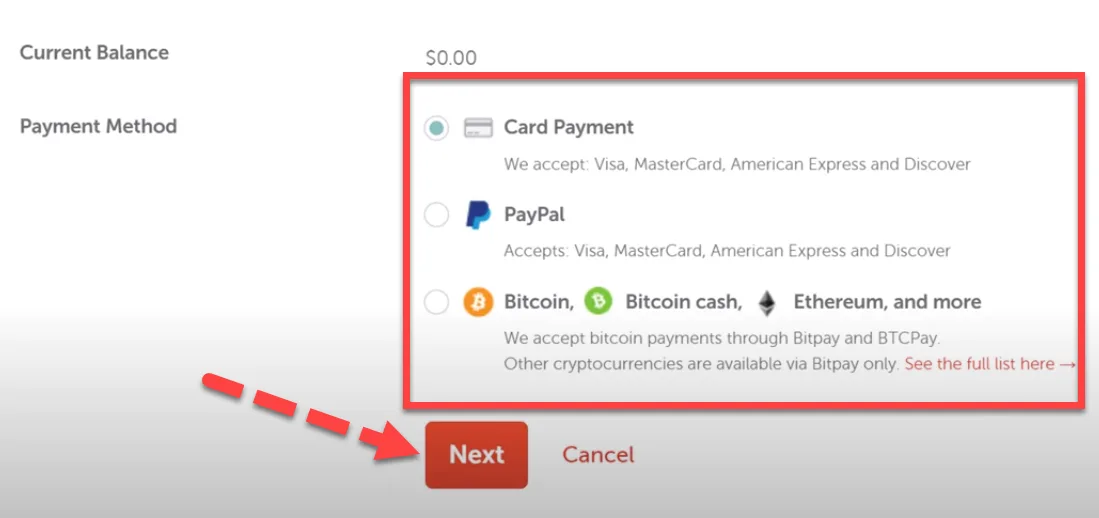Namecheap top up payment options outlined in red offering card, PayPal and cryptocurrency, with a red arrow pointing to Next