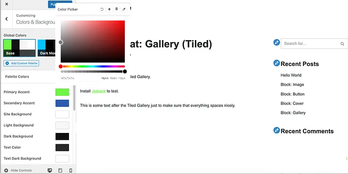 Neve Customizer global colours palette with a colour picker open above primary accent, secondary accent and text colour swatches