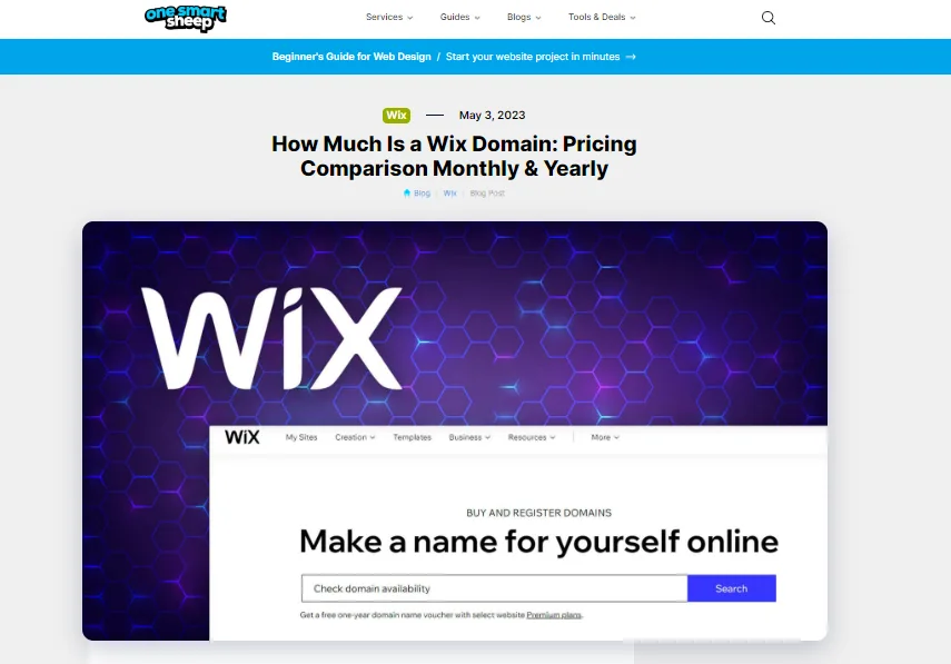 One Smart Sheep blog post titled How Much Is a Wix Domain, Pricing Comparison Monthly and Yearly, with a Wix domain search hero image