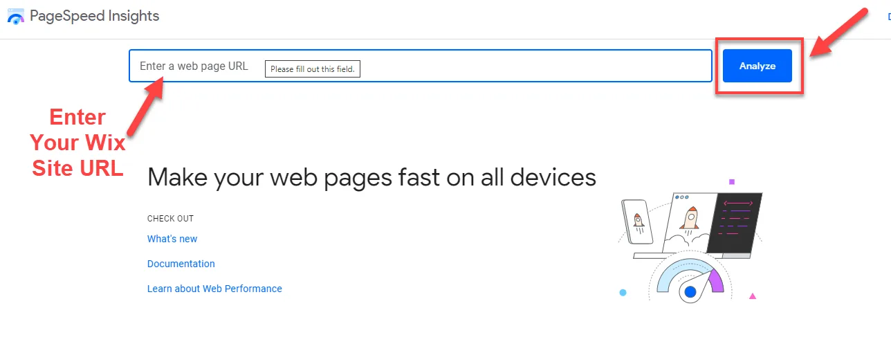 Google PageSpeed Insights with arrows pointing to the web page URL field and the Analyze button