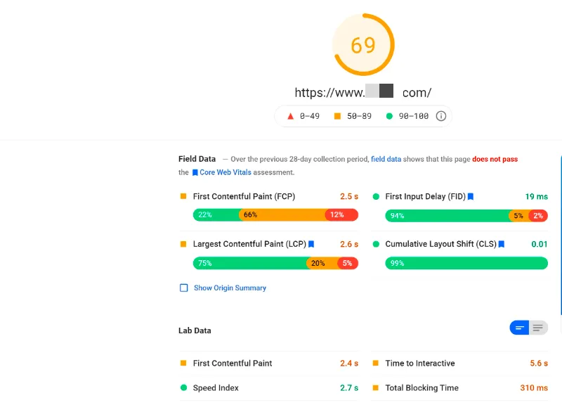 PageSpeed Insights scoring a site 69 with a 2.6 second Largest Contentful Paint and a failed Core Web Vitals assessment