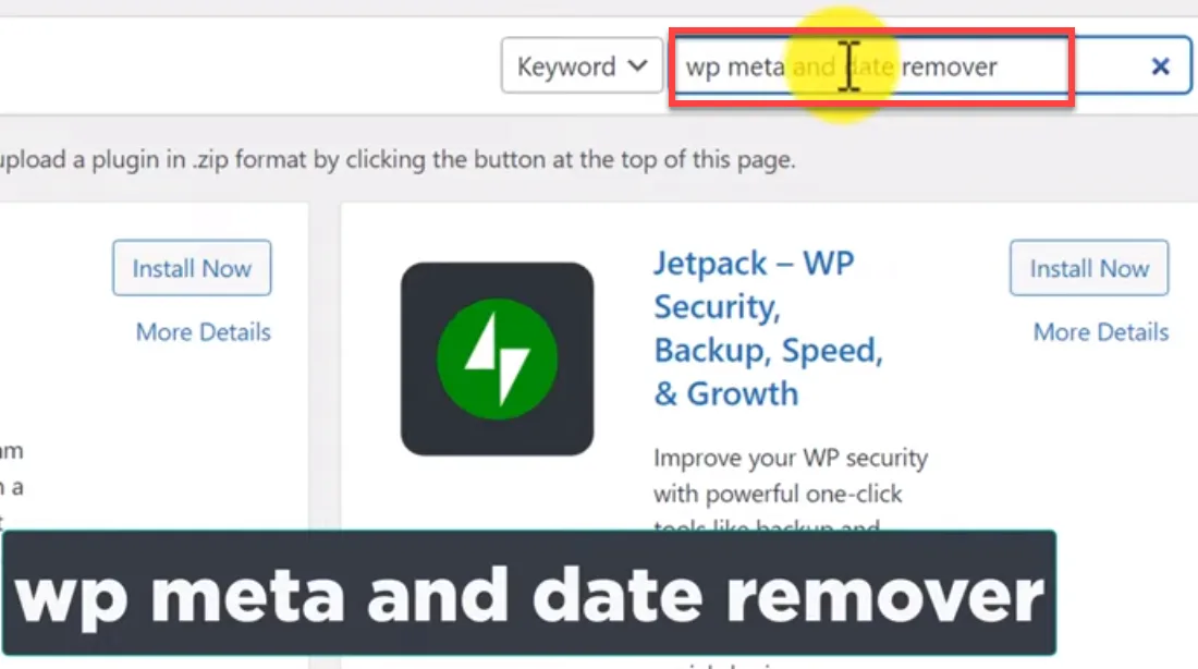 WordPress plugin search with wp meta and date remover typed into the keyword field, outlined in red