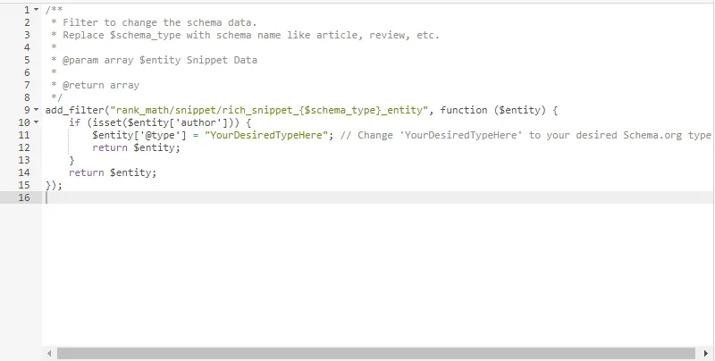 Code editor showing a Rank Math filter that changes the schema entity type when an author is set