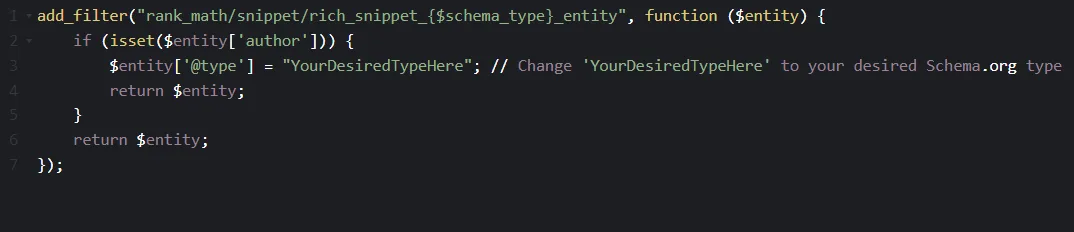 Dark code snippet of the Rank Math rich snippet filter replacing the entity type with a chosen Schema.org type