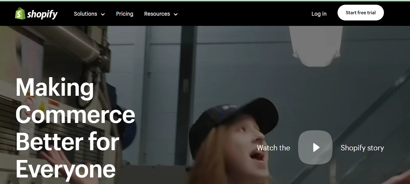 Shopify homepage headed Making Commerce Better for Everyone, with a Start free trial button and a video link