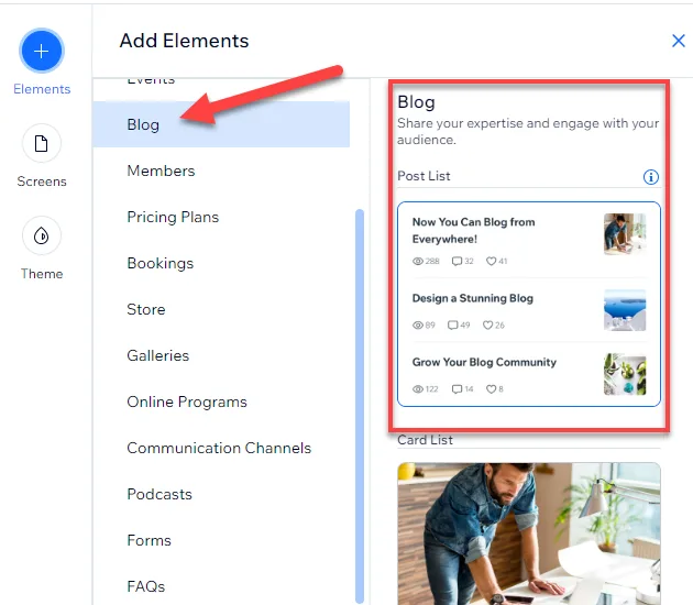 Spaces app Add Elements panel with an arrow pointing to Blog and a Post List preview outlined in red