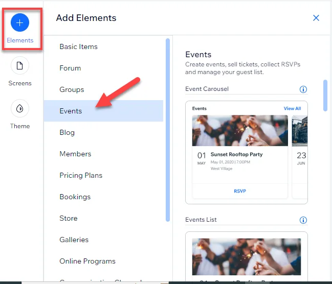 Spaces app Add Elements panel with an arrow pointing to Events, showing an event carousel and events list preview
