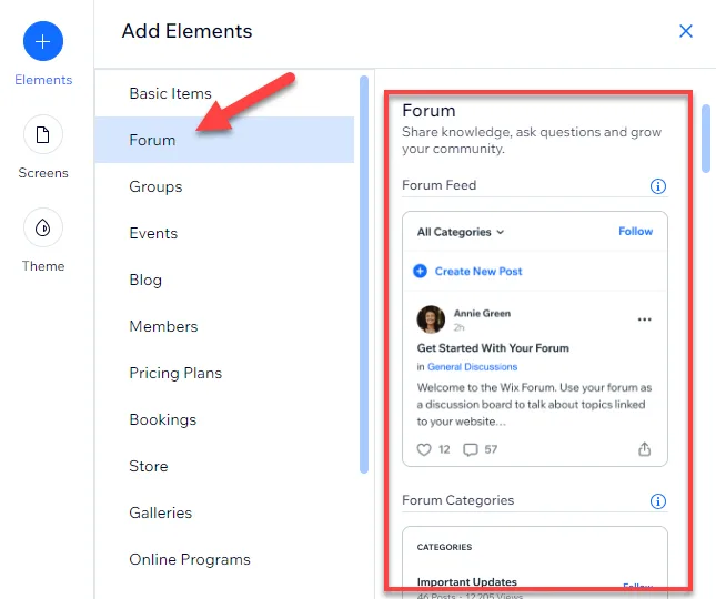 Spaces app Add Elements panel with an arrow pointing to Forum, showing a forum feed and forum categories preview