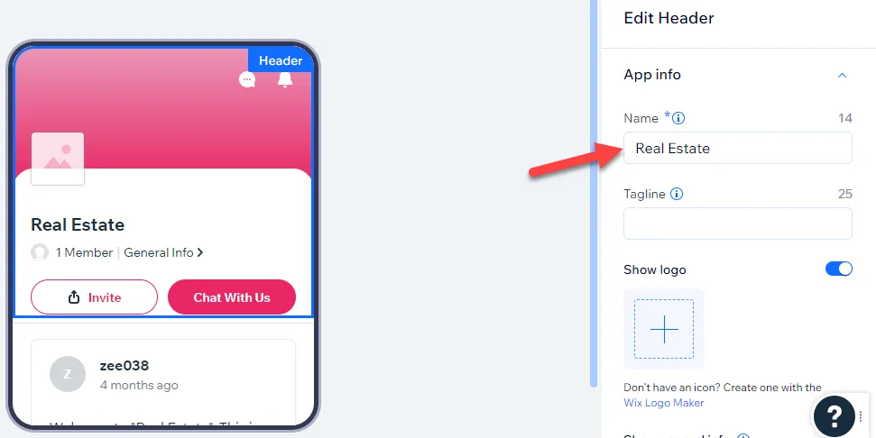 Spaces app Edit Header panel with a red arrow pointing to the app Name field, beside a phone preview of the space