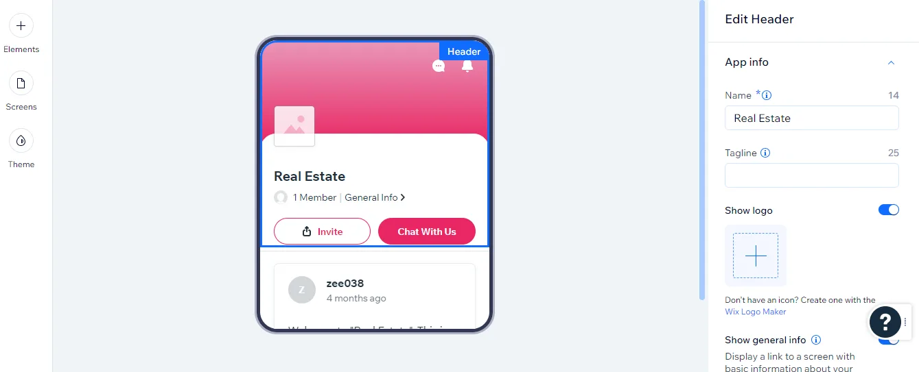 Spaces app Edit Header panel showing Name, Tagline, Show logo and Show general info settings next to a phone preview
