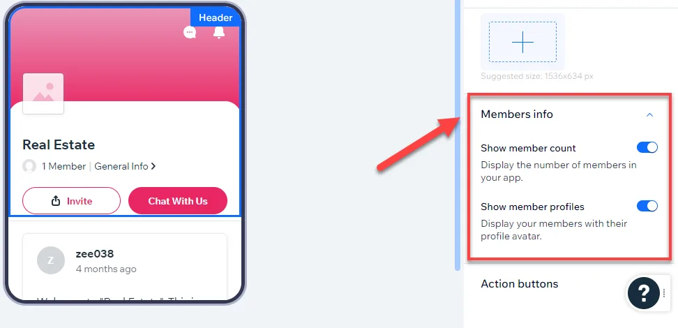 Spaces app Members info settings with toggles for showing member count and member profiles, outlined in red