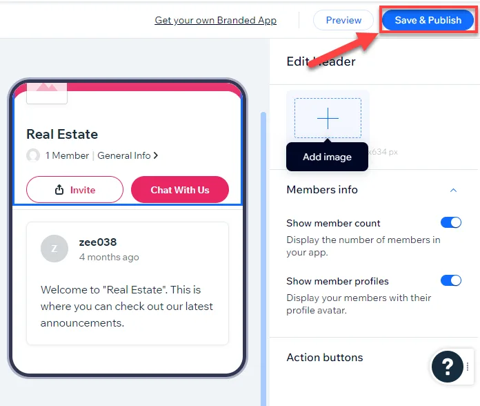 Spaces app editor with a red arrow pointing to the Save and Publish button in the top right