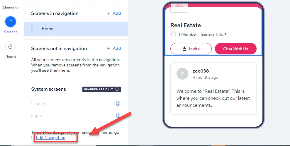 Spaces app editor showing screens in and out of navigation, with a red arrow pointing to the Edit Navigation link
