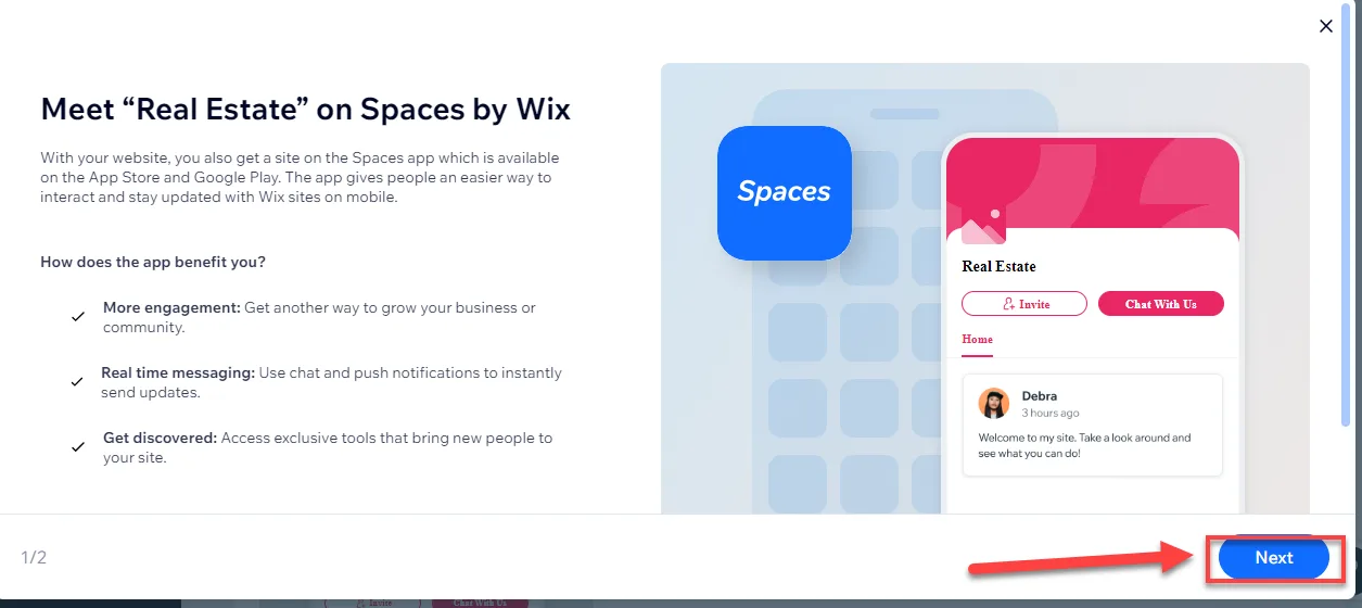 Introductory dialog explaining how the Spaces by Wix app benefits a site, with a red arrow pointing to the Next button