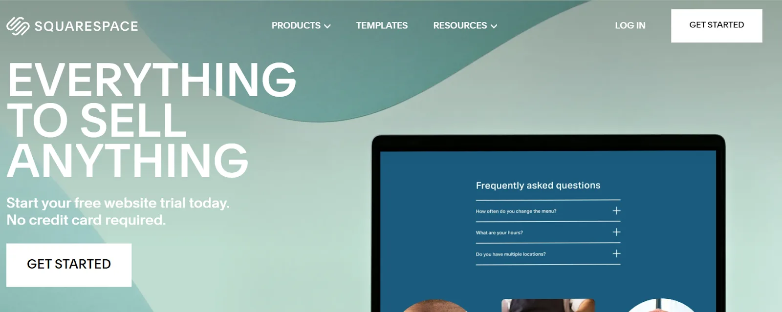 Squarespace homepage headed Everything to sell anything, offering a free website trial with no credit card required