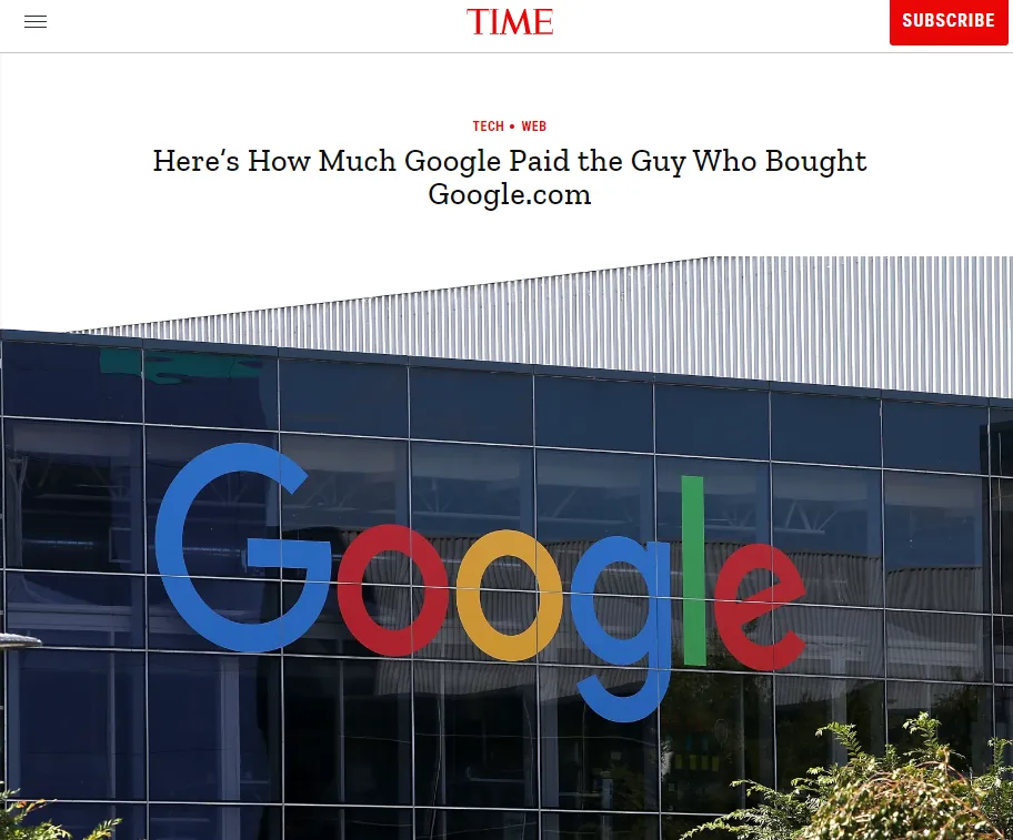 TIME article headed Here's How Much Google Paid the Guy Who Bought Google.com, above a photo of the Google logo on an office building