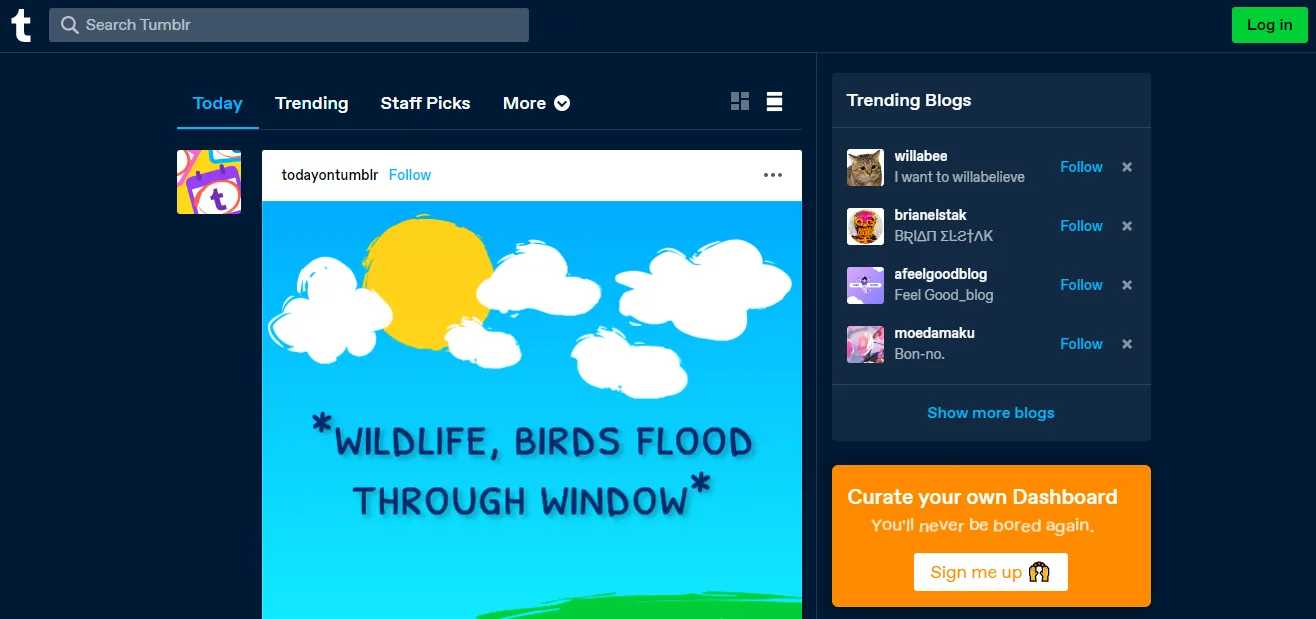 Tumblr dashboard showing the Today feed, a trending blogs sidebar and a prompt to curate your own dashboard