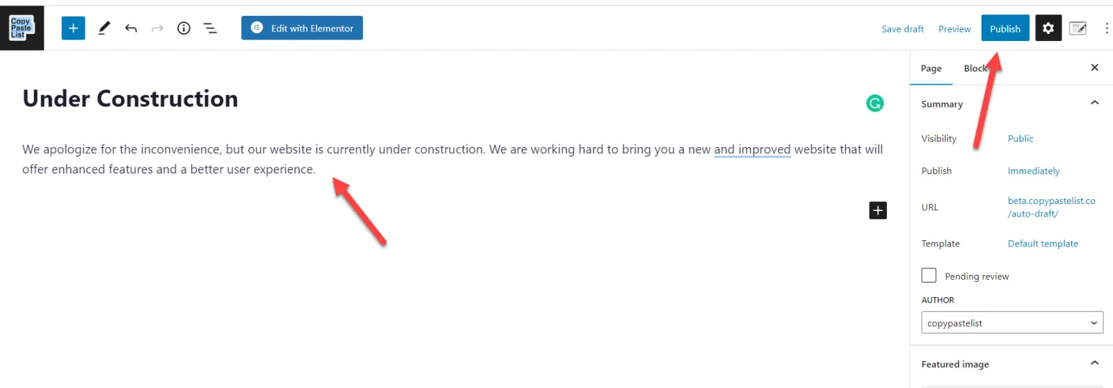 WordPress block editor with an Under Construction page written and a red arrow pointing to the Publish button