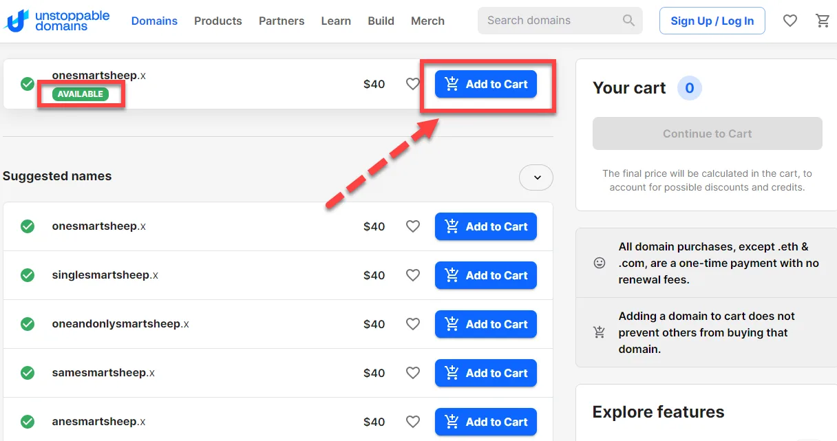 Unstoppable Domains result marked available at 40 dollars with a red arrow pointing to the Add to Cart button, suggested names below